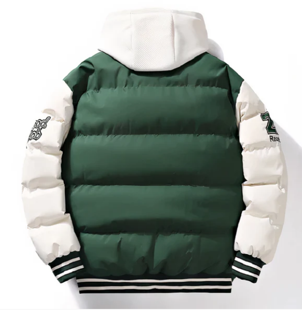 Men’s Varsity Puffer Jacket | Colour-Block Hooded Bomber | Insulated Streetwear Outerwear
