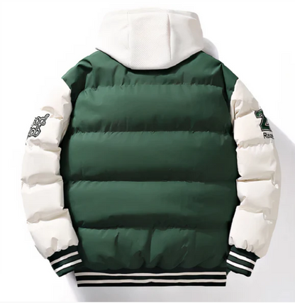 Men’s Varsity Puffer Jacket | Colour-Block Hooded Bomber | Insulated Streetwear Outerwear