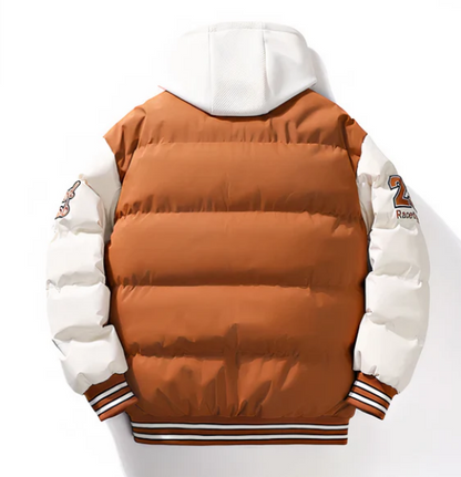 Men’s Varsity Puffer Jacket | Colour-Block Hooded Bomber | Insulated Streetwear Outerwear