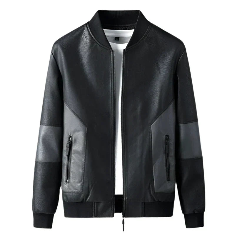 Men’s Faux Leather Bomber Jacket | Contrast Panel Design | Lightweight Streetwear Layer