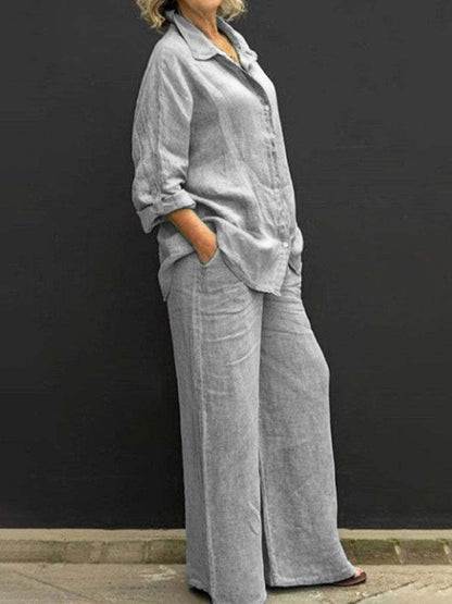 Relaxed Linen Two-Piece Set | Long-Sleeve Shirt & Wide-Leg Pants | Breathable Fit