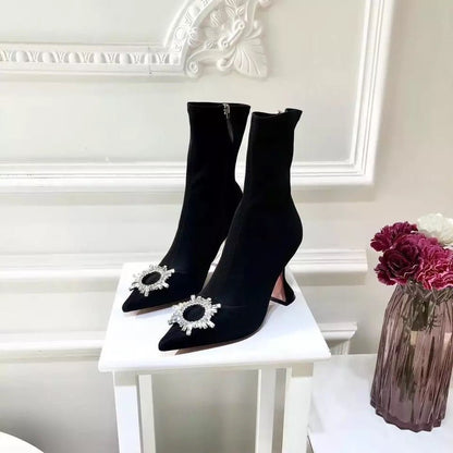 Embellished Pointed-Toe Ankle Boots | Sleek Design | Rhinestone Accent | Elegant Style