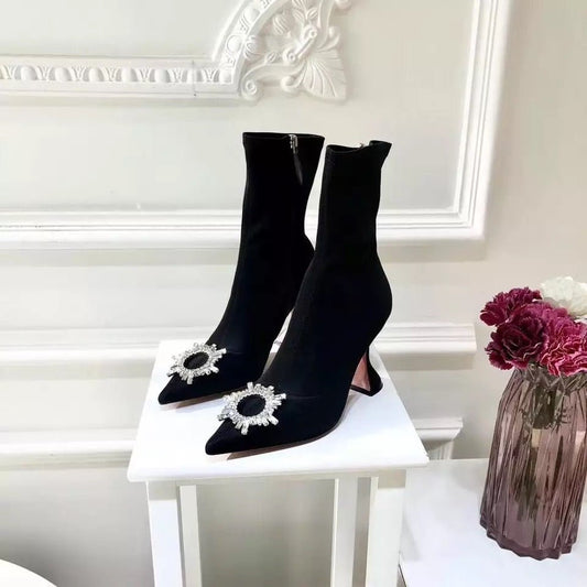 Embellished Pointed-Toe Ankle Boots | Sleek Design | Rhinestone Accent | Elegant Style