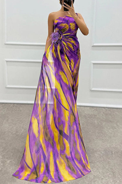 Watercolour Chiffon Gown dress | One-Shoulder Design & Side Slit | Bold Abstract Print