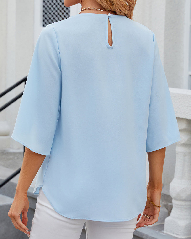 Women's Pleated Round Neck Blouse | Split Sleeve Top | Elegant Workwear Canada