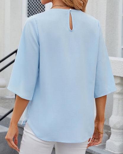 Women's Pleated Round Neck Blouse | Split Sleeve Top | Elegant Workwear Canada