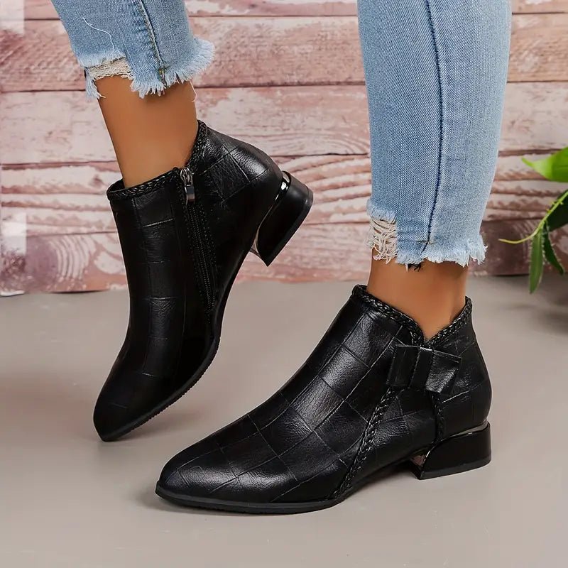 Textured Ankle Boots | PU Leather | Side Zip & Buckle Detail