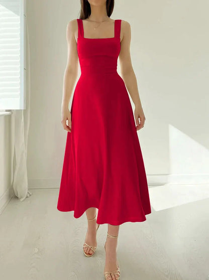 Square Neck Sleeveless Midi Dress | Fitted Bodice Flared Hem | Elegant Summer Occasion Look