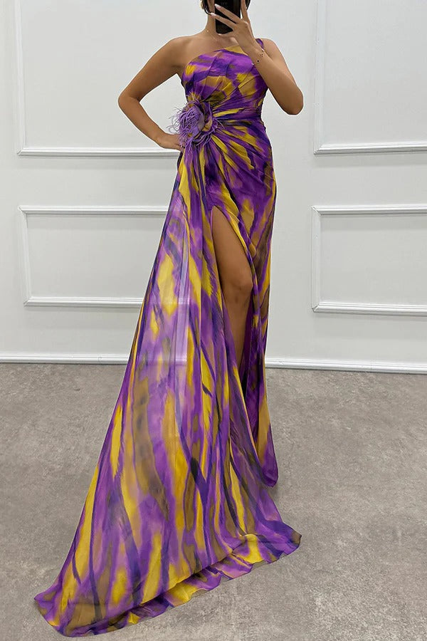 Watercolour Chiffon Gown dress | One-Shoulder Design & Side Slit | Bold Abstract Print