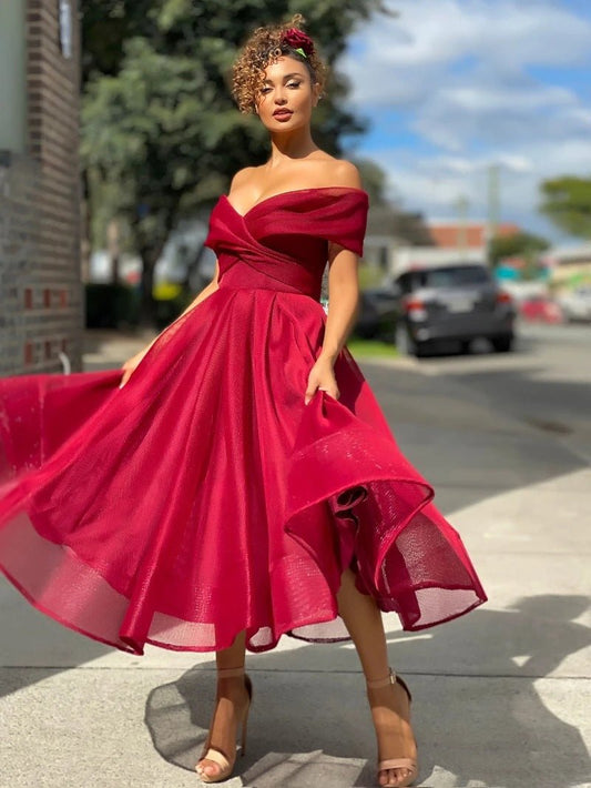 Off-Shoulder A-Line Midi Dress | Elegant Tulle Overlay | Formal Evening & Party Wear