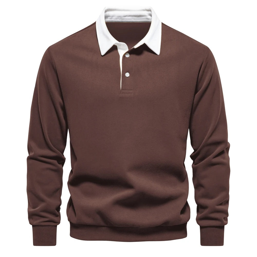 Men’s Long Sleeve Polo Sweatshirt | Ribbed Hem Rugby Style | Casual Smart-Collar Pullover