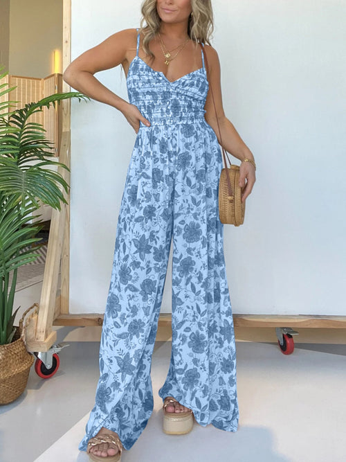 Smocked Jumpsuit | Floral Print | Flowy Wide-Leg Fit