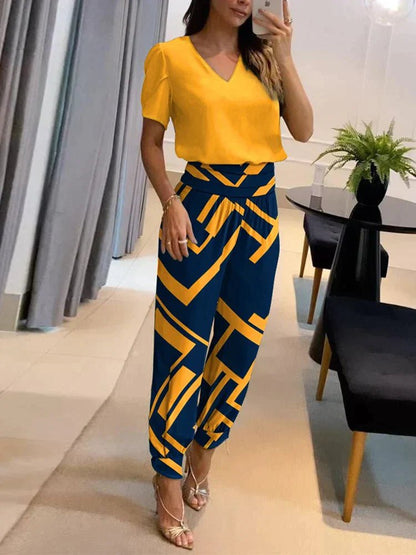 Two-Piece V-Neck Lounge Set | Short Sleeve Top & Jogger Pant | Soft Drape Fit