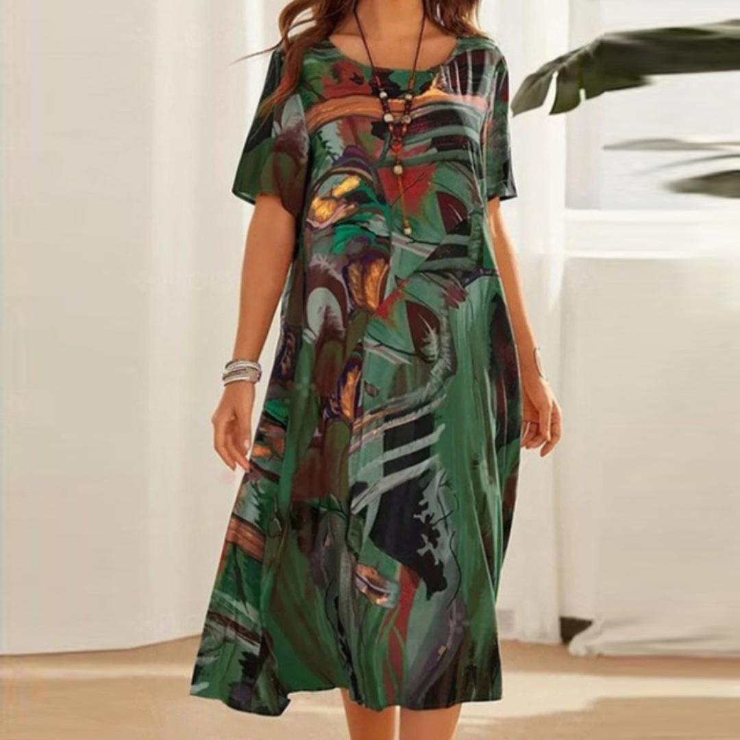 Abstract Print Midi Dress | Loose-Fit Summer Tunic | Lightweight Short Sleeve