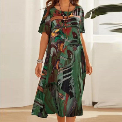 Abstract Print Midi Dress | Loose-Fit Summer Tunic | Lightweight Short Sleeve