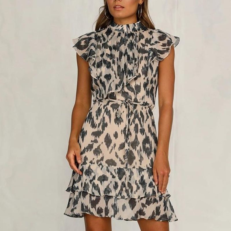 Women’s Ruffle Tiered Mini Dress | High Neck Sleeveless Style | Chiffon Animal Print Look