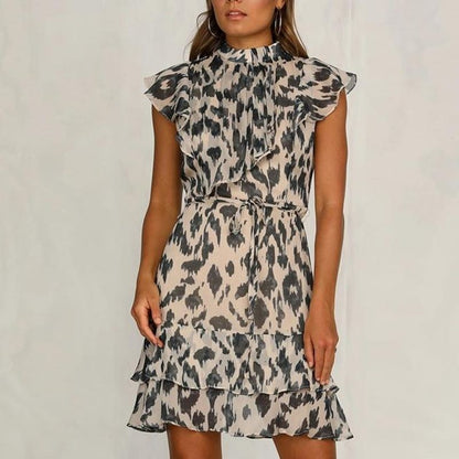 Women’s Ruffle Tiered Mini Dress | High Neck Sleeveless Style | Chiffon Animal Print Look