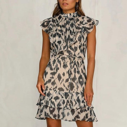Women’s Ruffle Tiered Mini Dress | High Neck Sleeveless Style | Chiffon Animal Print Look