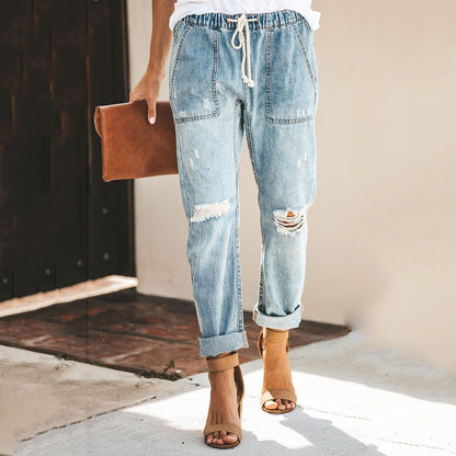 Distressed Denim Jogger Pants | Drawstring Waist Relaxed Jeans | Casual Streetwear Fit