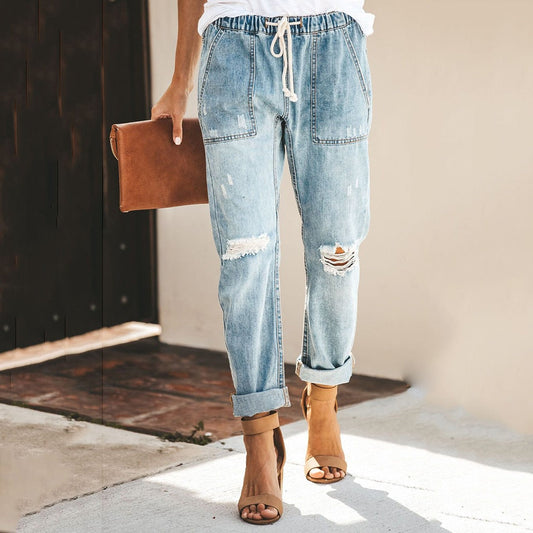Distressed Denim Jogger Pants | Drawstring Waist Relaxed Jeans | Casual Streetwear Fit