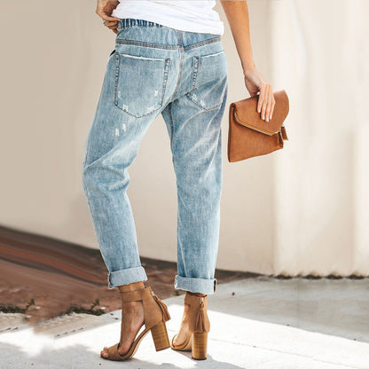 Distressed Denim Jogger Pants | Drawstring Waist Relaxed Jeans | Casual Streetwear Fit