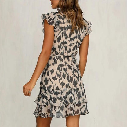 Women’s Ruffle Tiered Mini Dress | High Neck Sleeveless Style | Chiffon Animal Print Look