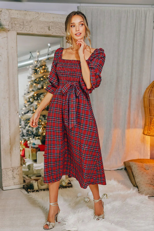 Plaid Midi Dress | Puff Sleeves & Bow Detail | Festive Holiday Style