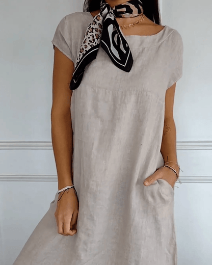 Linen Blend Cap Sleeve Dress | Minimalist A-Line | Side Pockets