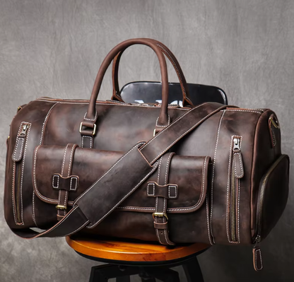 Men’s Leather Duffle Bag | Travel Weekender with Shoulder Strap