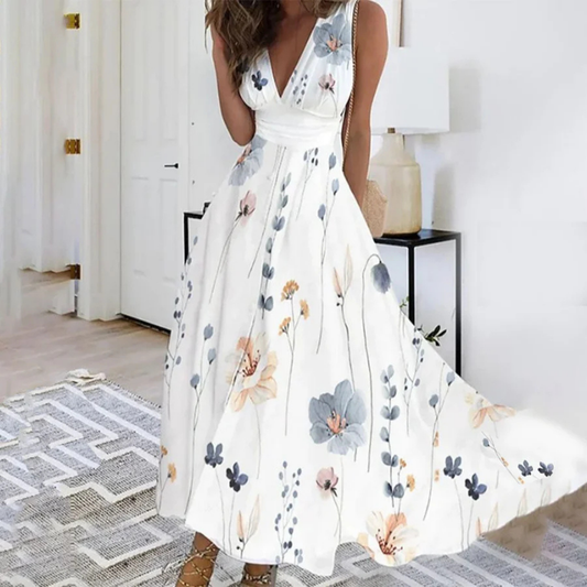 White Floral Maxi Dress | Sleeveless V-Neck | High Waist & Flowing Skirt