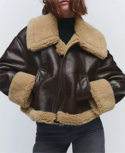 PU Leather Aviator Jacket | Sherpa Trim | Warm Winter Outerwear | Vintage Style