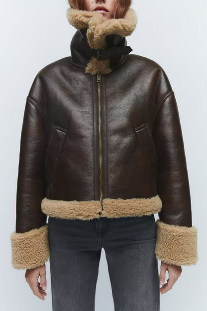 PU Leather Aviator Jacket | Sherpa Trim | Warm Winter Outerwear | Vintage Style