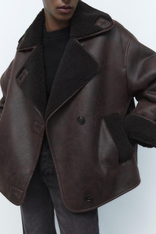 Oversized Faux Leather Aviator Jacket | Shearling Lining | Double-Breasted Design | Winter Outerwear