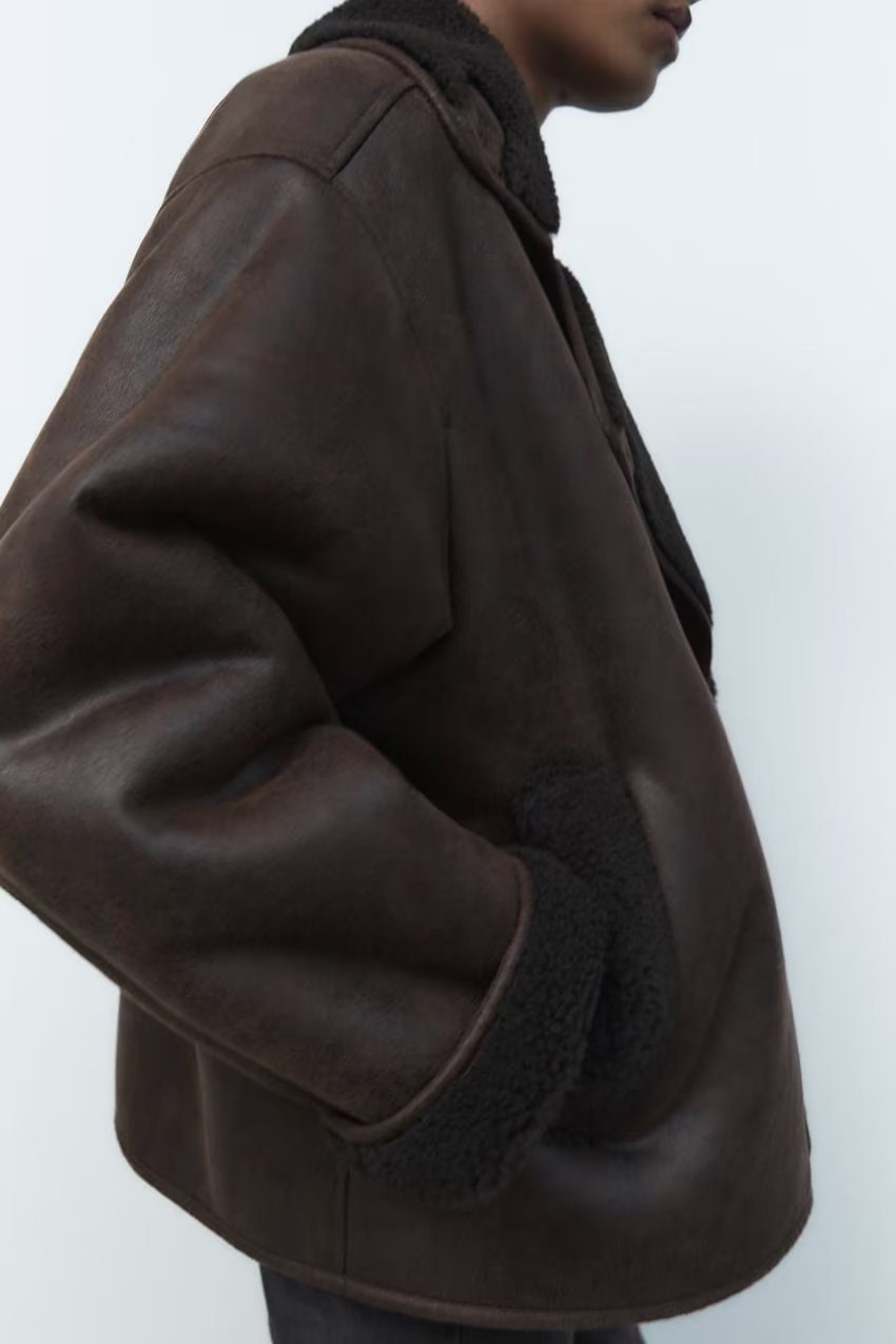 Oversized Faux Leather Aviator Jacket | Shearling Lining | Double-Breasted Design | Winter Outerwear