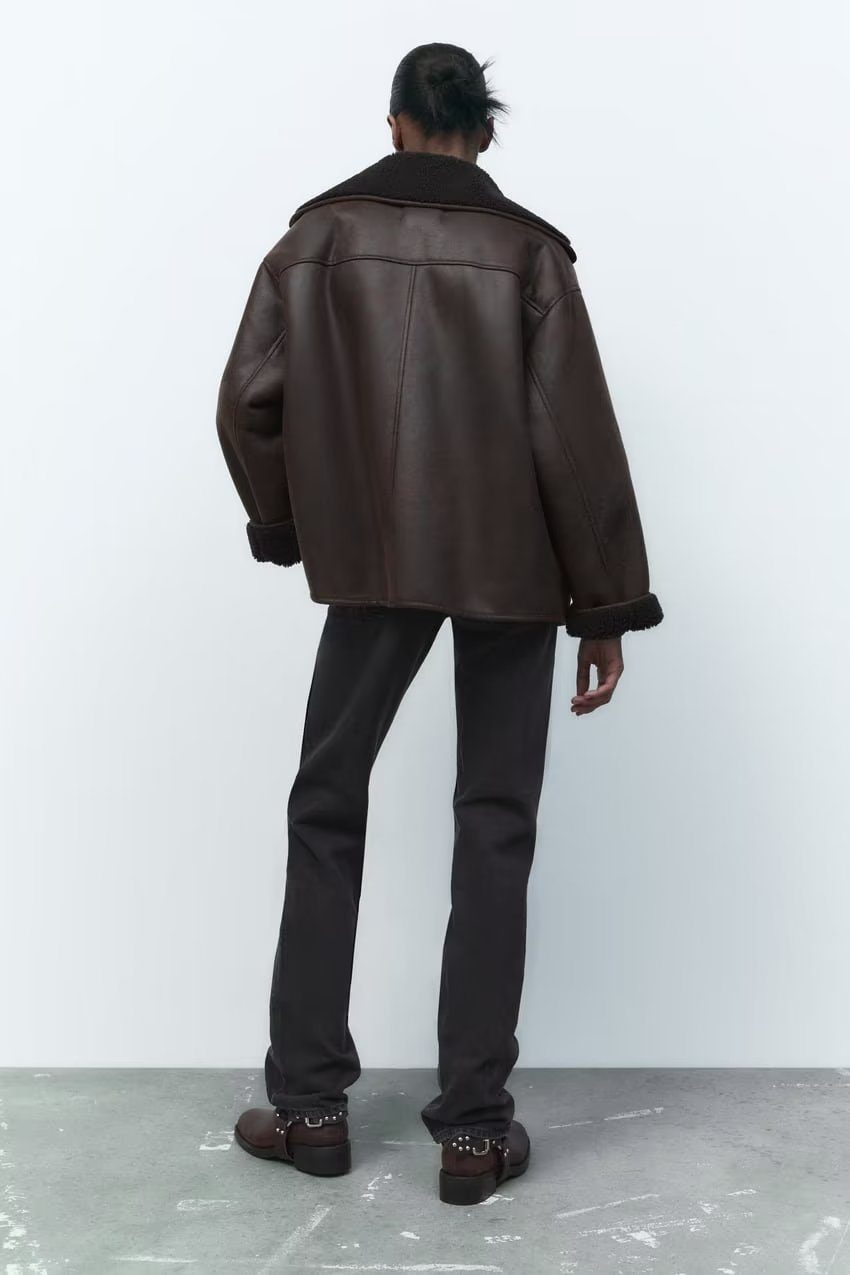 Oversized Faux Leather Aviator Jacket | Shearling Lining | Double-Breasted Design | Winter Outerwear