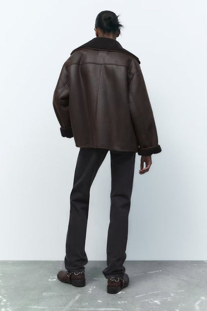 Oversized Faux Leather Aviator Jacket | Shearling Lining | Double-Breasted Design | Winter Outerwear