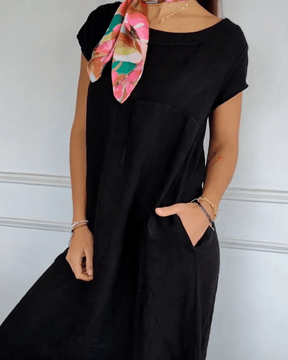 Linen Blend Cap Sleeve Dress | Minimalist A-Line | Side Pockets