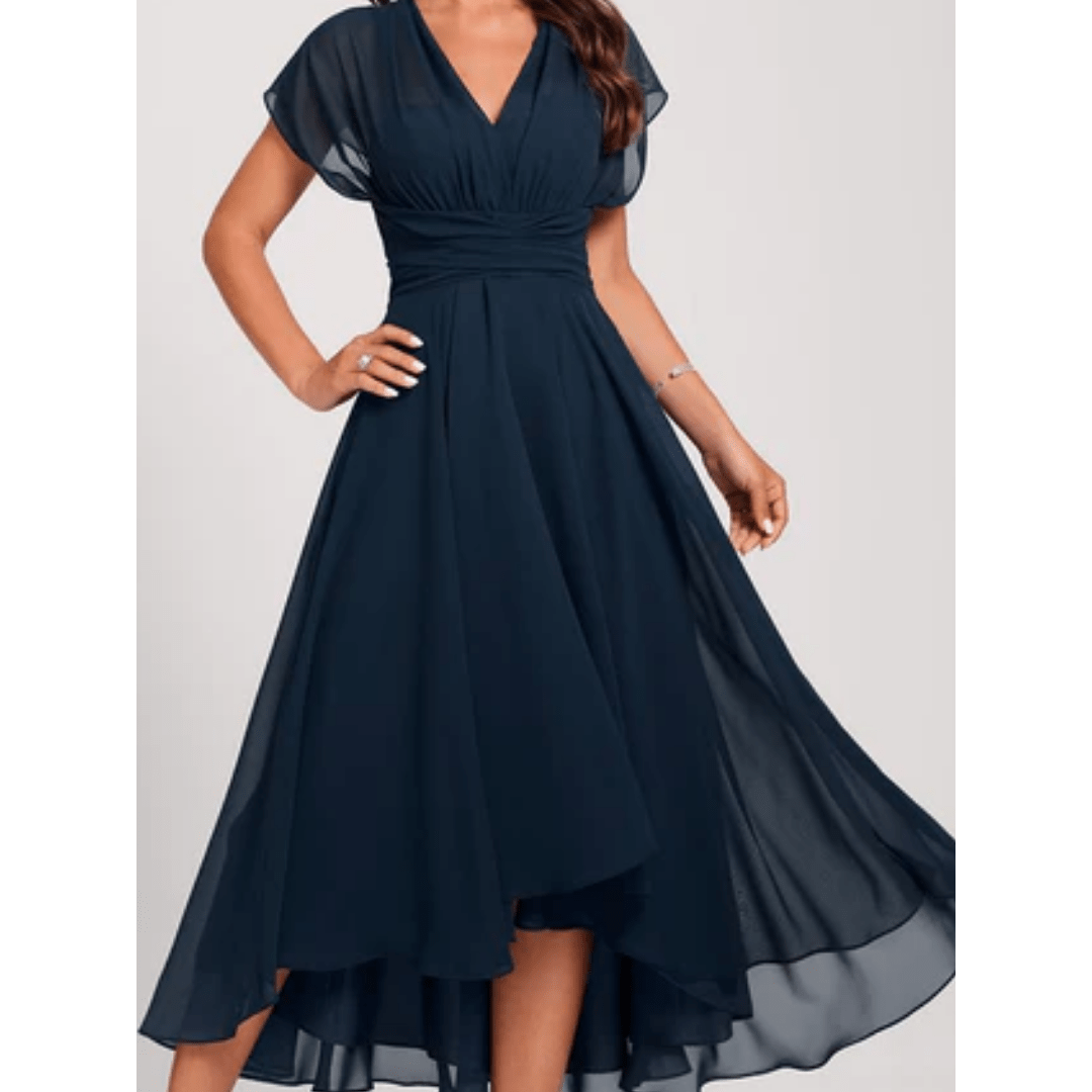 Chiffon High-Low Midi Dress | V-Neck | Flowy Layered Hem