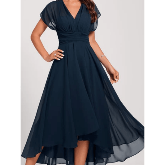 Chiffon High-Low Midi Dress | V-Neck | Flowy Layered Hem