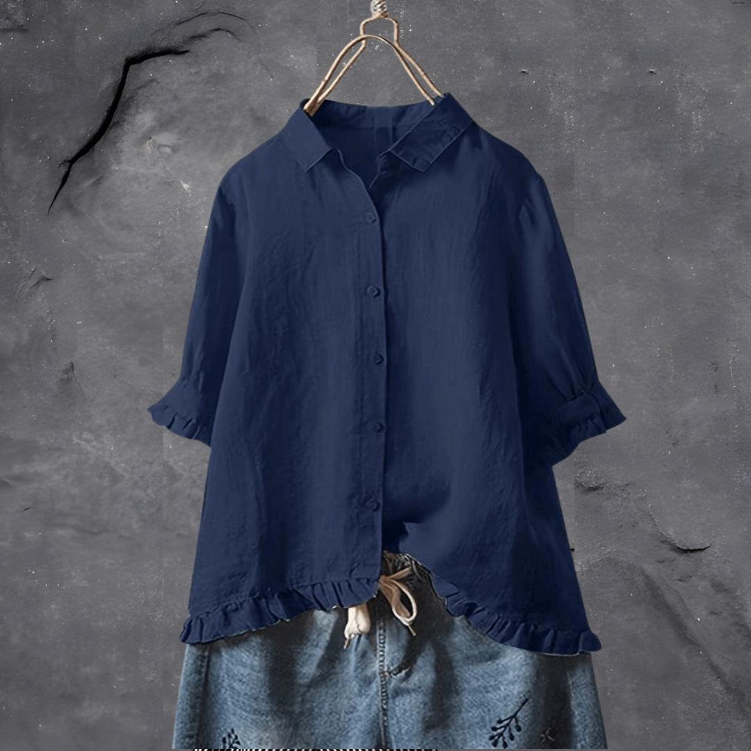 Button-Up Ruffle Hem Shirt | Linen Blend | Relaxed Fit Blouse