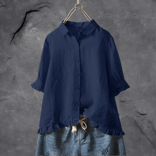 Button-Up Ruffle Hem Shirt | Linen Blend | Relaxed Fit Blouse