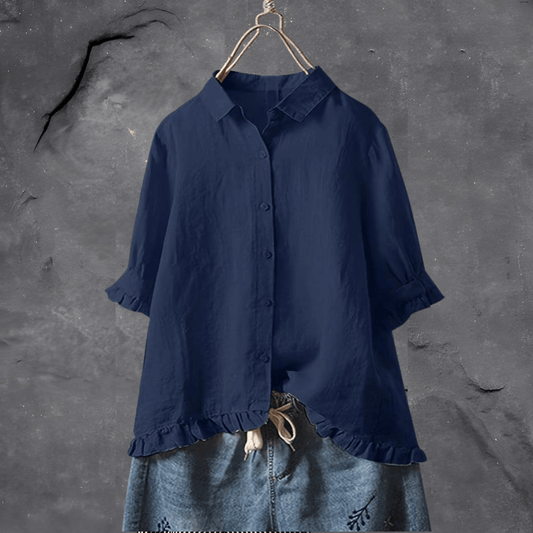 Button-Up Ruffle Hem Shirt | Linen Blend | Relaxed Fit Blouse