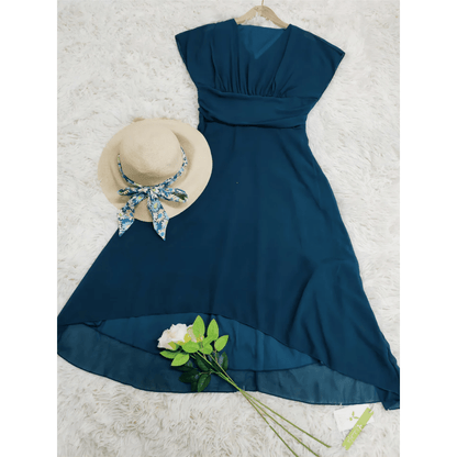 Chiffon High-Low Midi Dress | V-Neck | Flowy Layered Hem