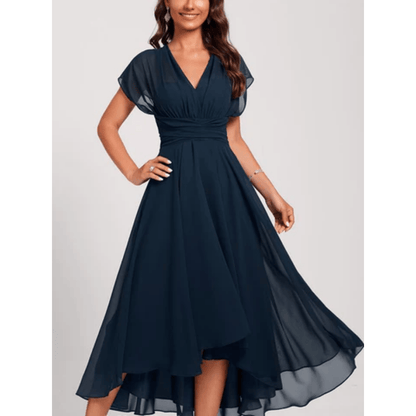 Chiffon High-Low Midi Dress | V-Neck | Flowy Layered Hem