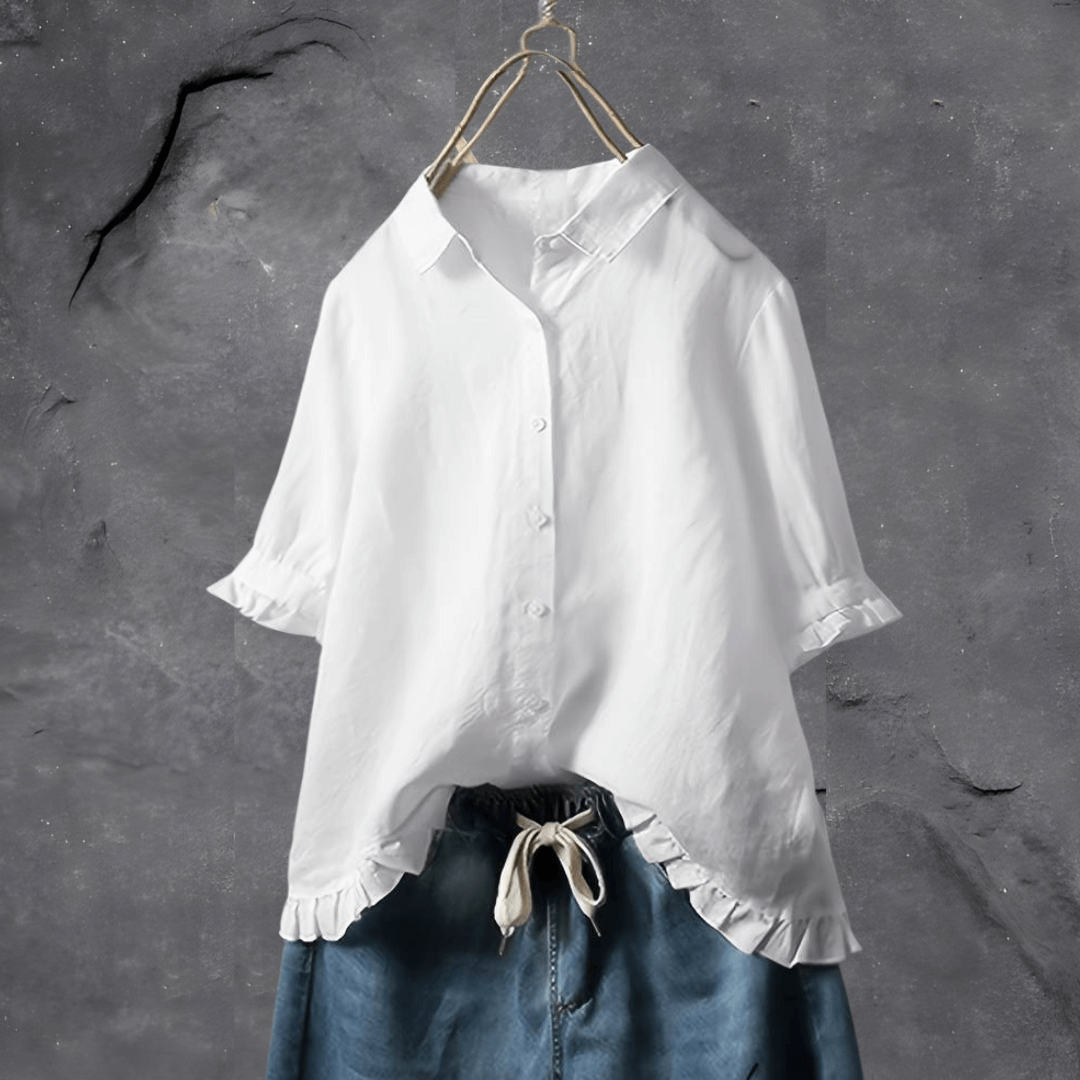 Button-Up Ruffle Hem Shirt | Linen Blend | Relaxed Fit Blouse