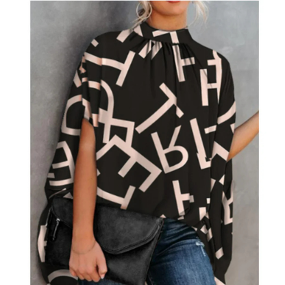 Women's High-Neck Printed Blouse | Loose Fit Cape Sleeve Top | Casual Statement Shirt