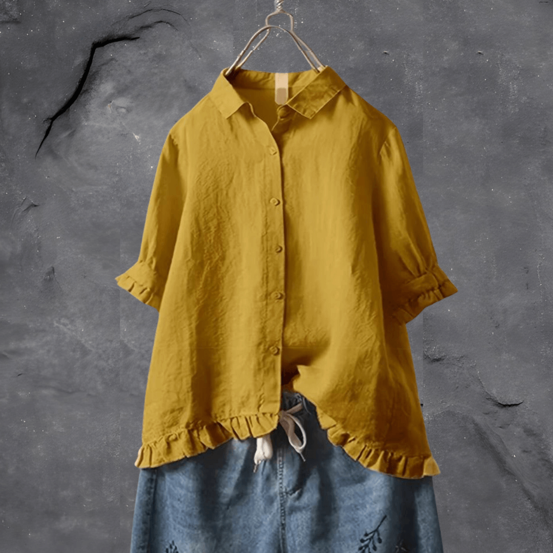 Button-Up Ruffle Hem Shirt | Linen Blend | Relaxed Fit Blouse