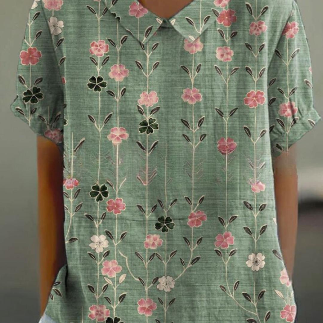 Floral Print Blouse with Peter Pan Collar | Lightweight Cotton Blend | Short Sleeve