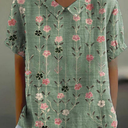 Floral Print Blouse with Peter Pan Collar | Lightweight Cotton Blend | Short Sleeve