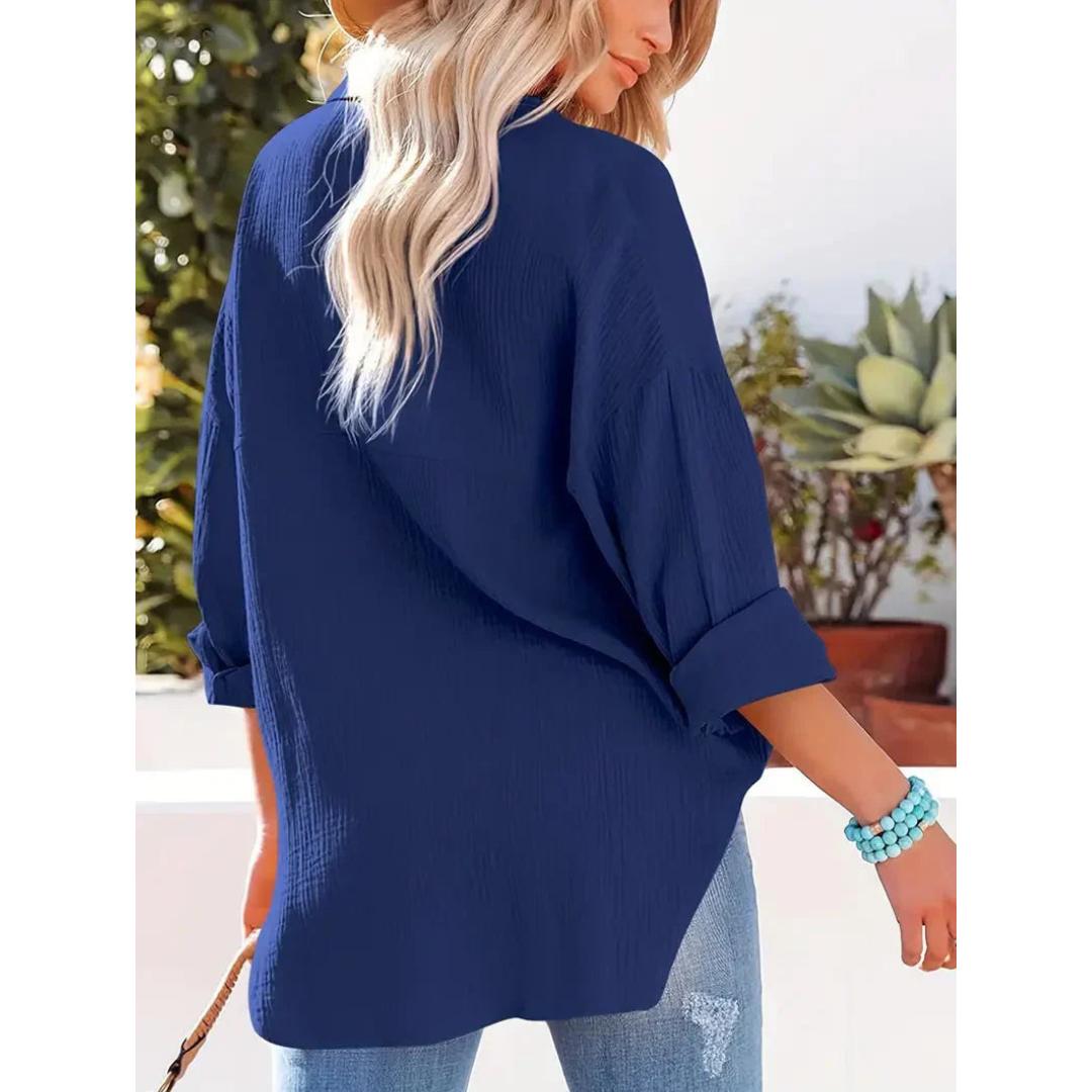 Textured Button-Up Shirt | Relaxed Fit with Chest Pocket | Lightweight Casual Blouse